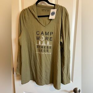 Life is good “camp more stress less” long sleeve t shirt with hood.